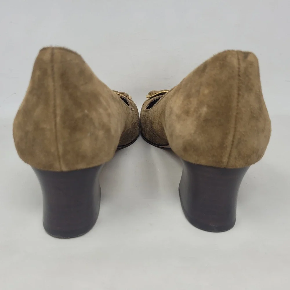 Tory Burch Heels 10M Brown Green Suede Medallion Pumps Block Heel Office Work